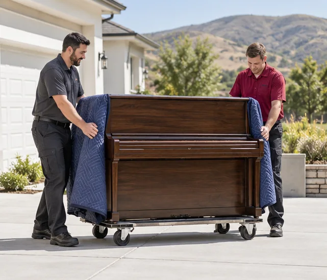 A protected upright piano on a moving dolly