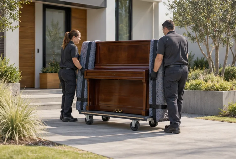A protected upright piano on a moving dolly
