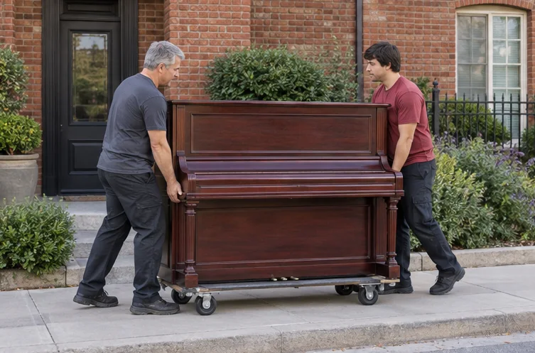 A protected upright piano on a moving dolly