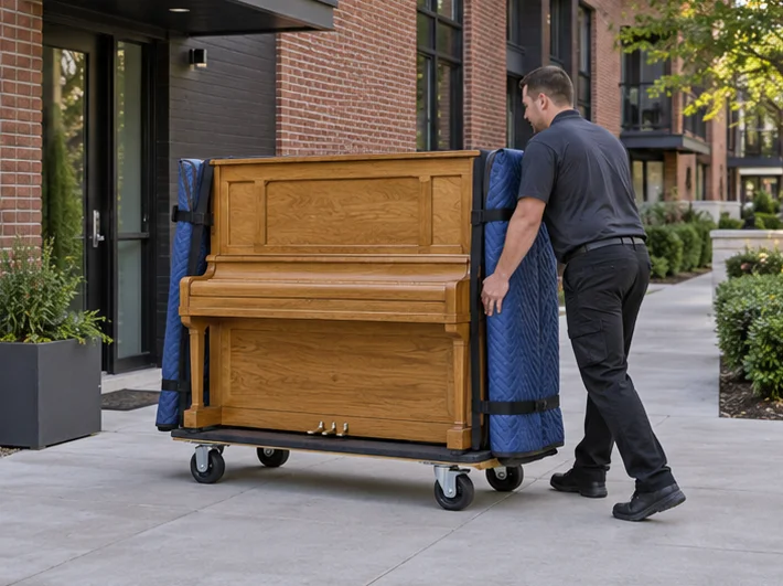 A protected upright piano on a moving dolly