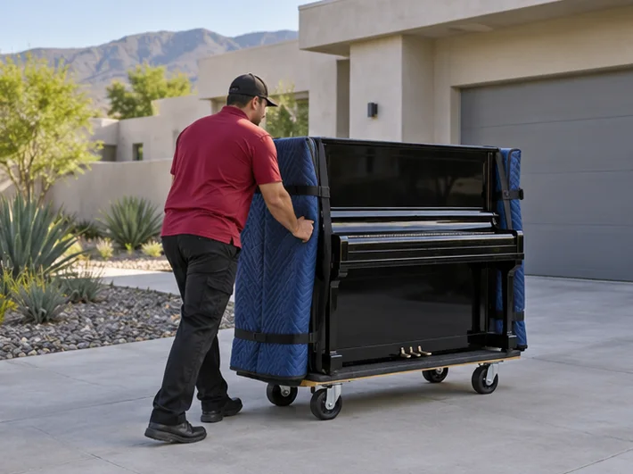 A protected upright piano on a moving dolly