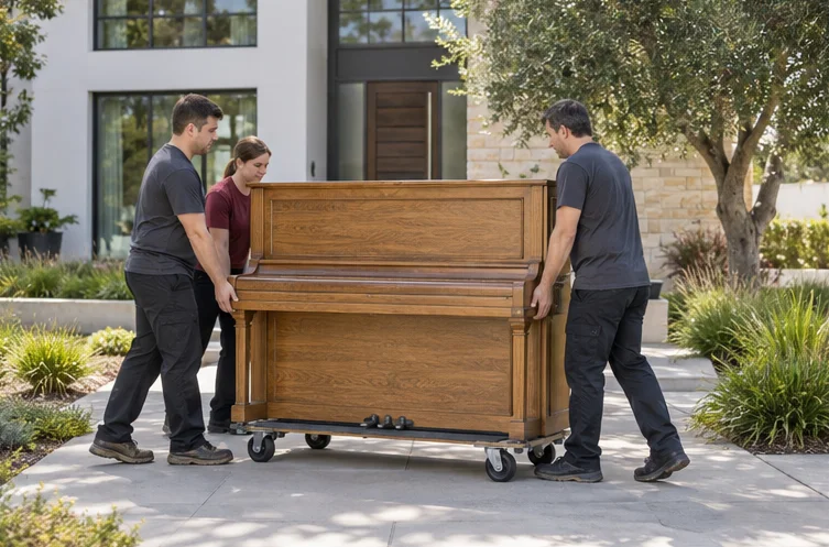 A protected upright piano on a moving dolly
