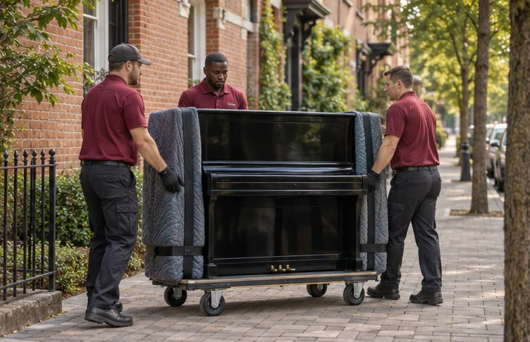 A protected upright piano on a moving dolly