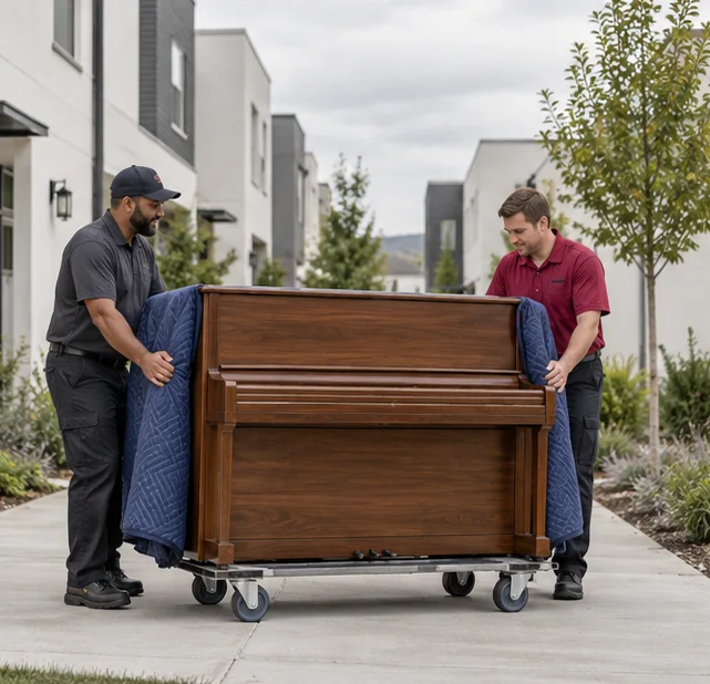 A protected upright piano on a moving dolly