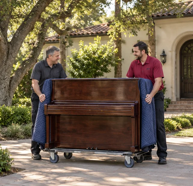 A protected upright piano on a moving dolly