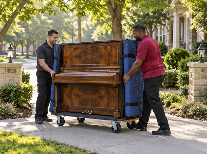 A protected upright piano on a moving dolly