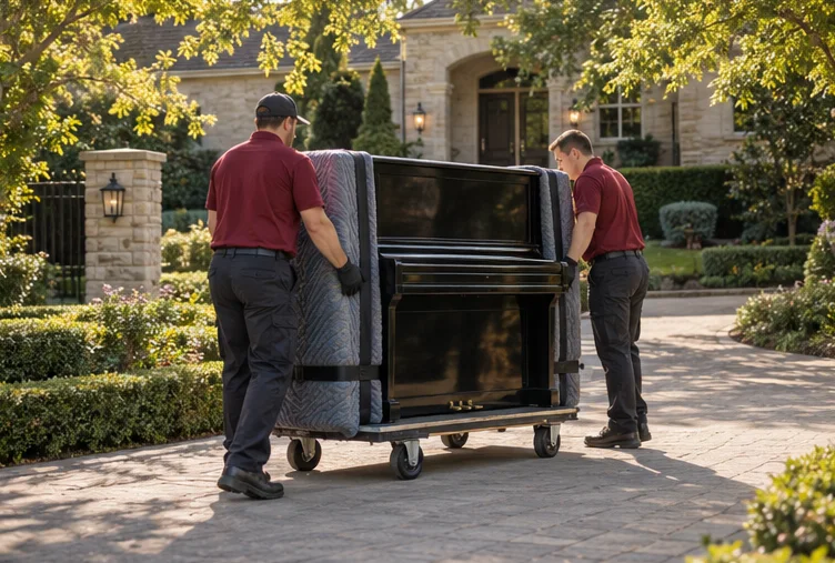 A protected upright piano on a moving dolly