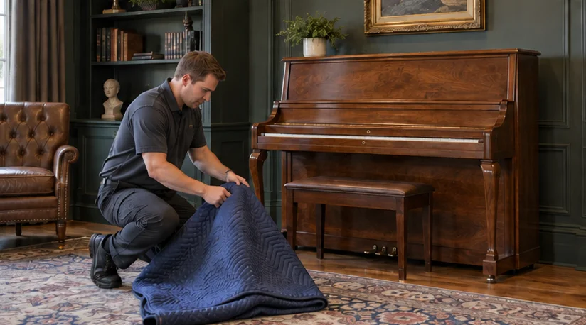 A walnut vertical piano and protective moving blankets