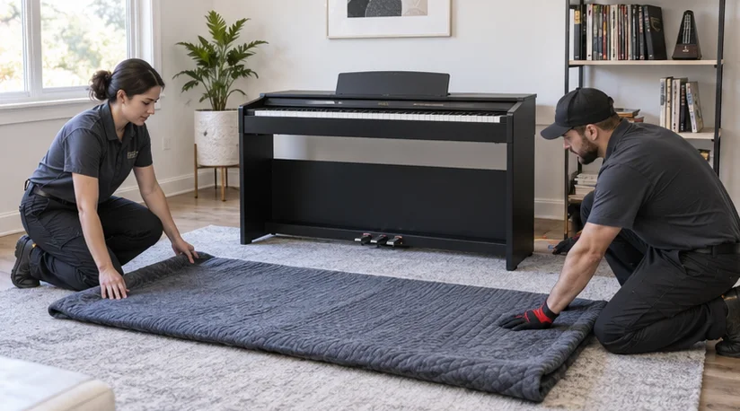A cabinet-style digital piano being prepared for a move