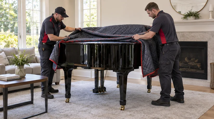 Workers fitting blankets to a stationary grand piano
