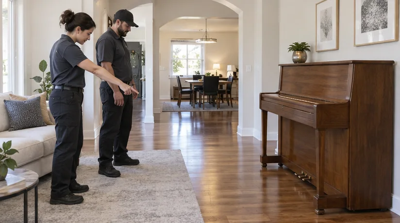 Workers considering a clear route beside a stationary piano