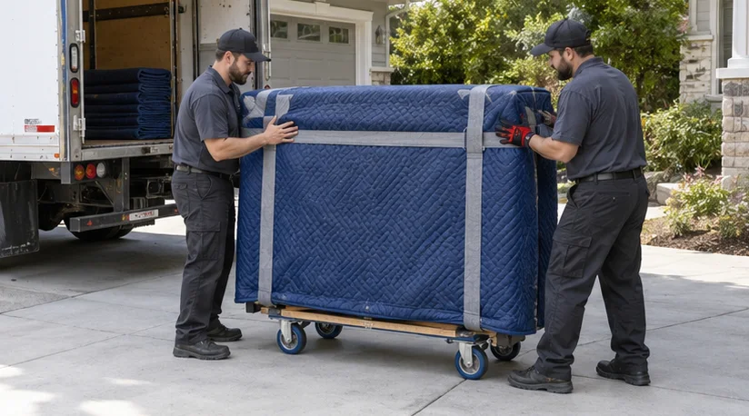Workers beside a protected upright piano on a driveway