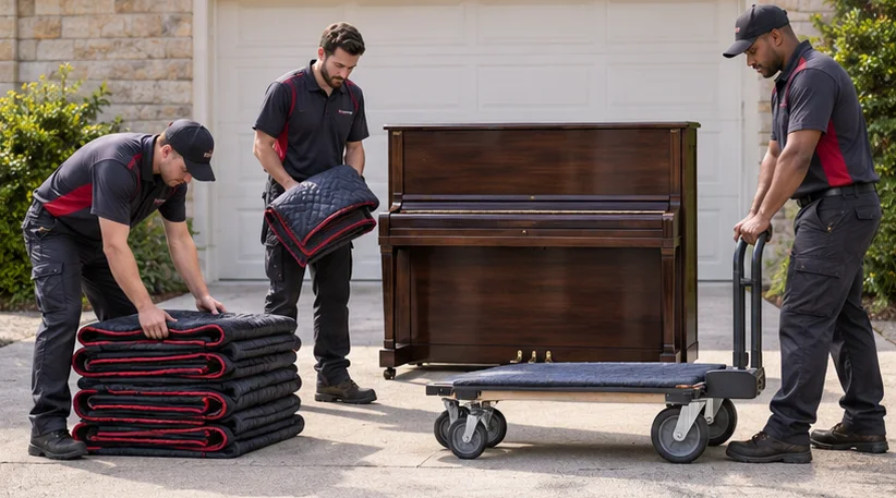 An upright piano, protective blankets and moving equipment