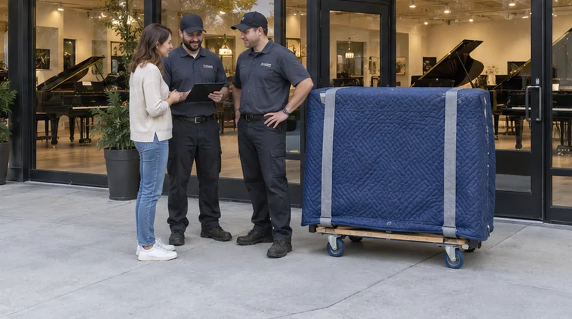 A piano owner and workers preparing a protected instrument
