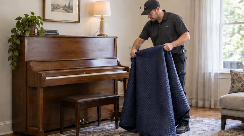 A compact vertical piano beside a moving blanket