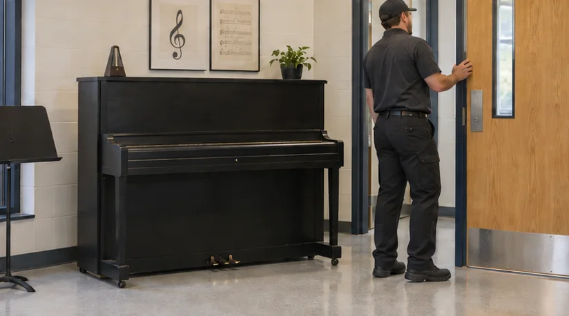 A tall vertical piano beside a music-room doorway