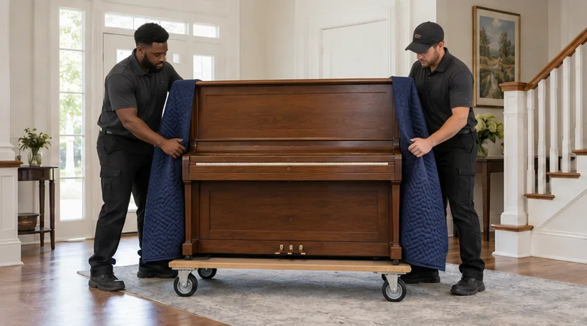 An upright piano supported on a low moving dolly